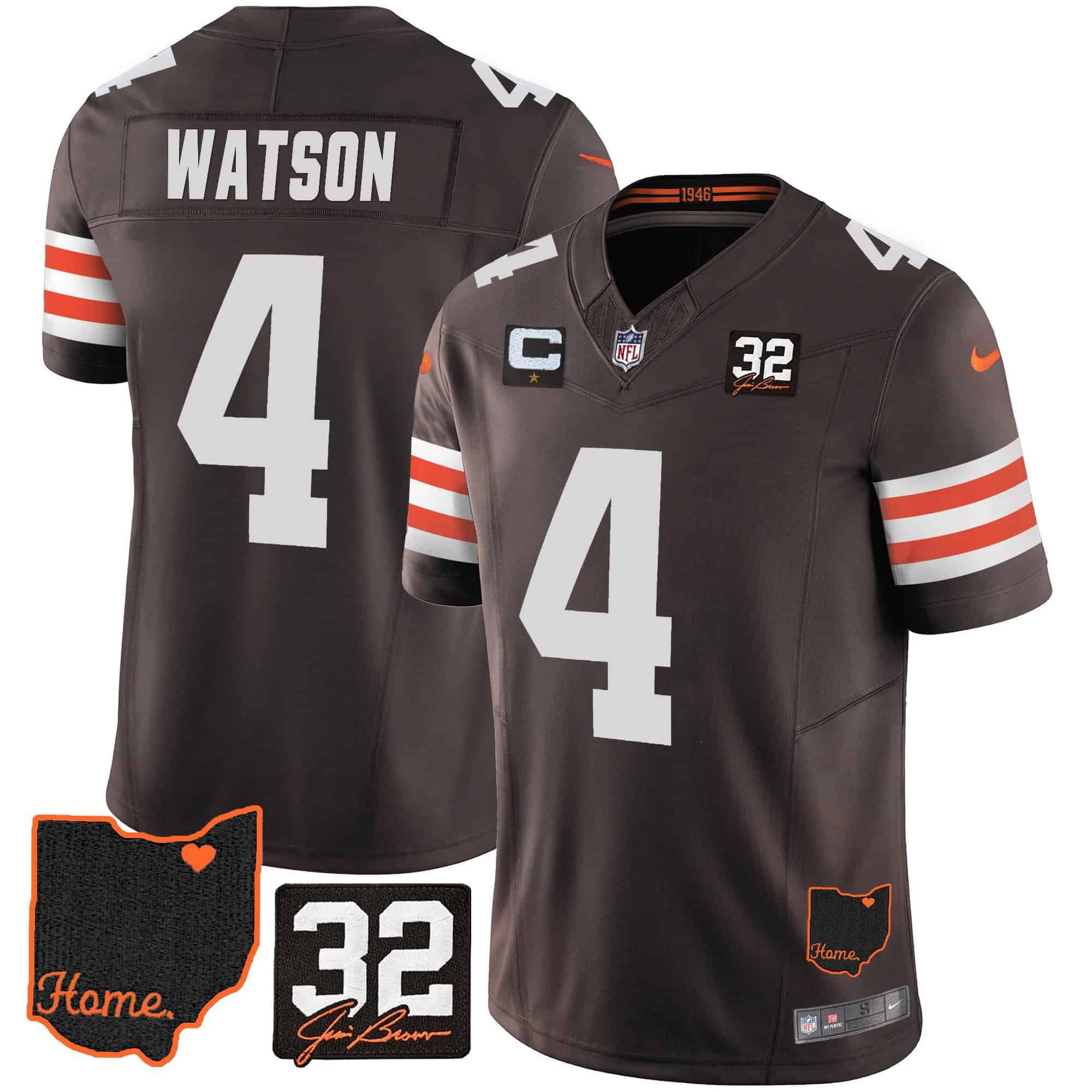Men Cleveland Browns 4 Watson Brown Memorial Home Patch 2024 Nike NFL Jersey style 1